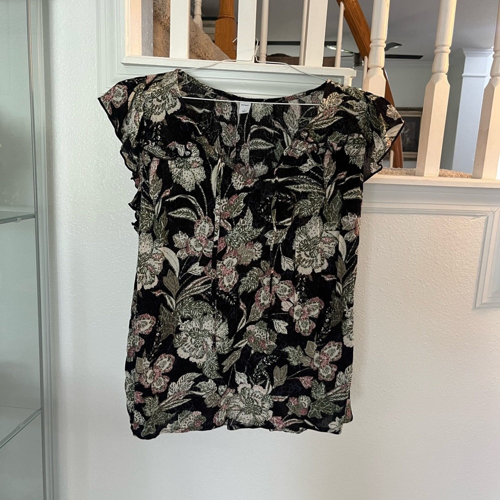 Old Navy Black and Green Floral Blouse